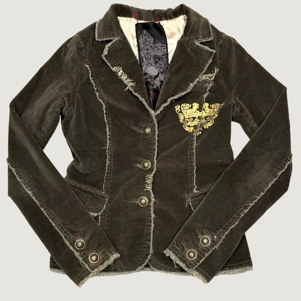 Miss Me Distressed Velvet Blazer Olive Green Gold Crest Skull Lining S Steampunk